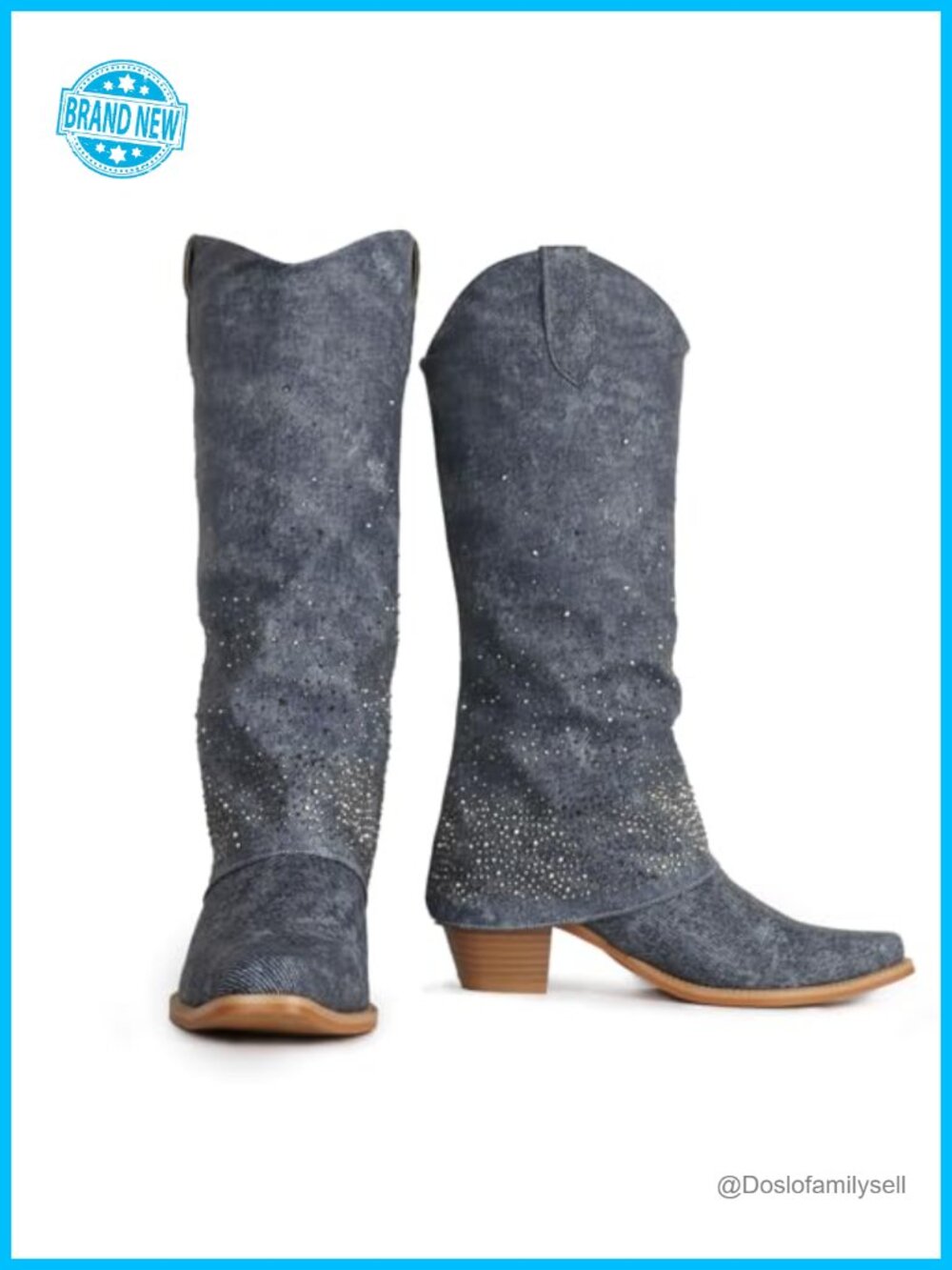 PU Denim Cowgirl Boots Knee High Rhinestone Fold Over Pointed Toe Chunky Heel